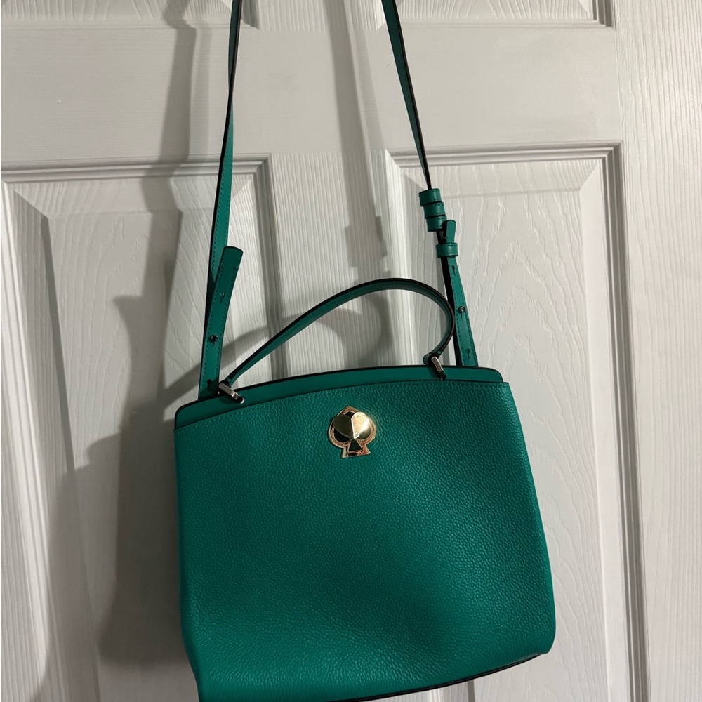 kate spade teal green pebble leather crossbody with gold spade logo